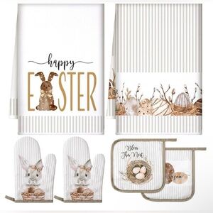 Easter 6 Pcs Kitchen Towel Pot
Holder Oven Mitt Set-Bunny, Eggs, Flowers - New